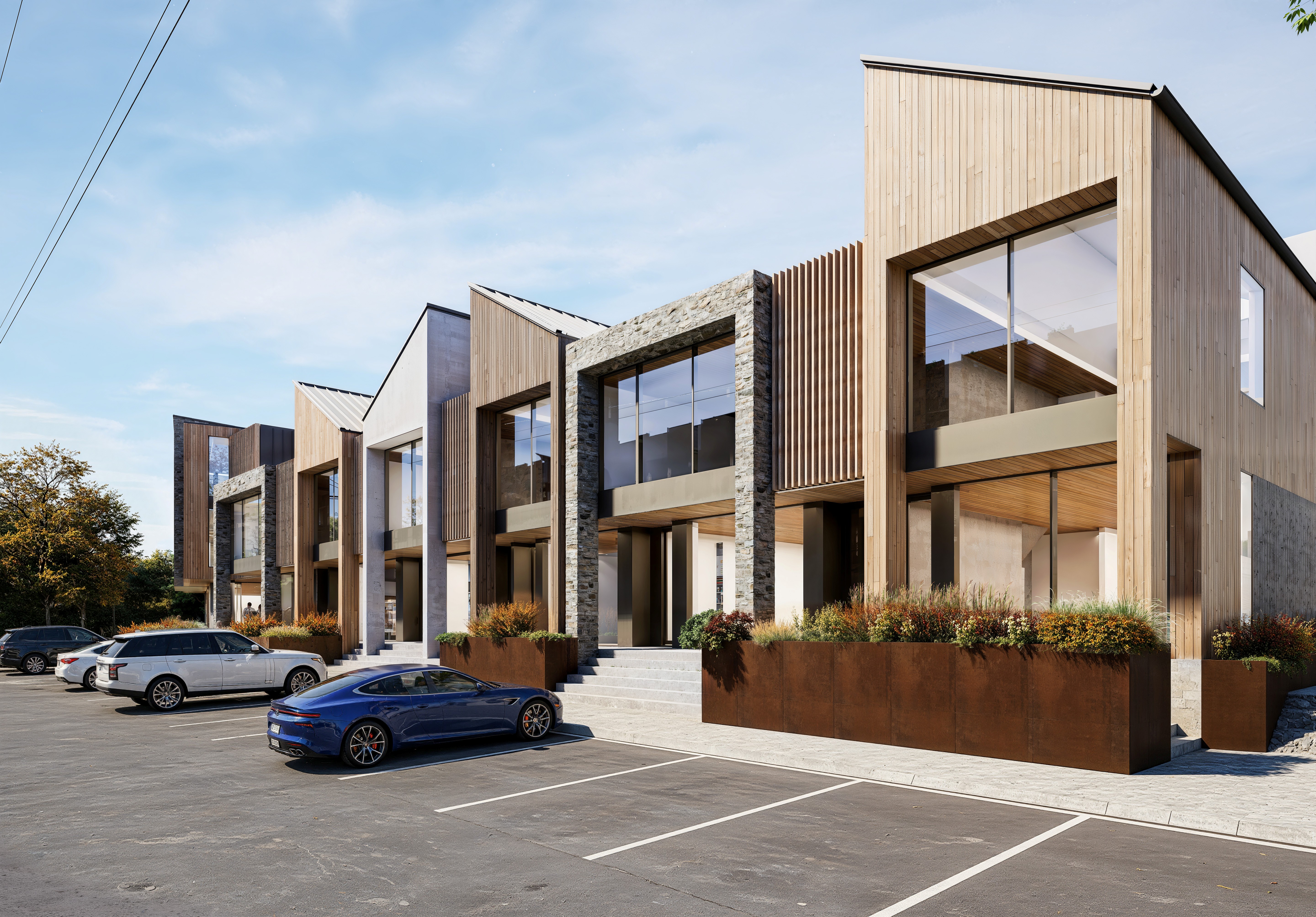 Waipuna Rise Commercial B2 exterior render, evening